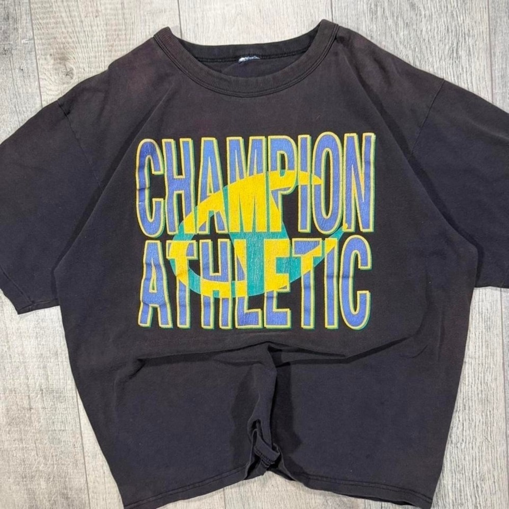 90s single stitch, champion athletic super faded, black and blue sportswear tee - Picture 2 of 7